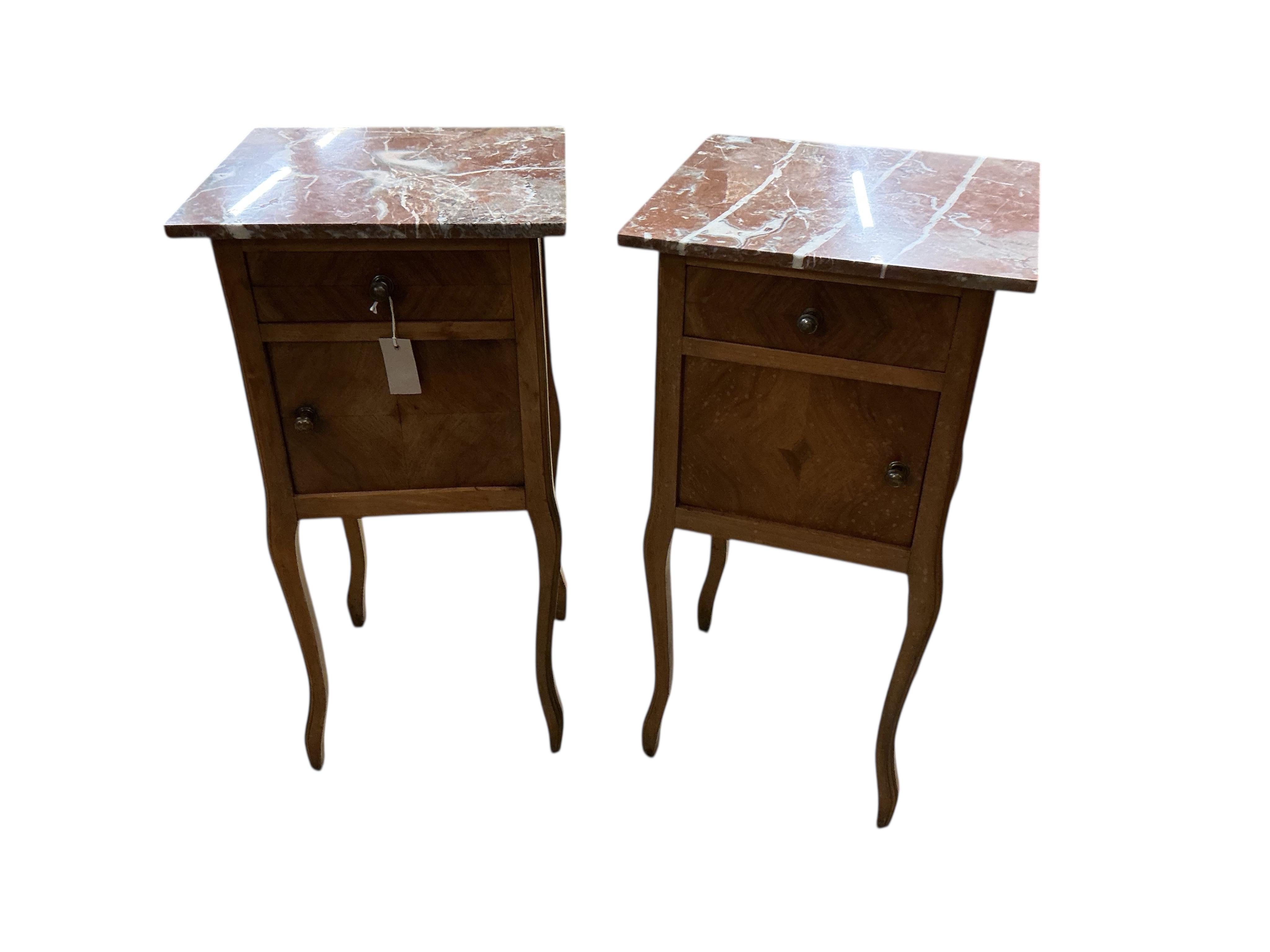 A pair of French walnut marble top bedside cabinets, width 39cm, depth 37cm, height 80cm